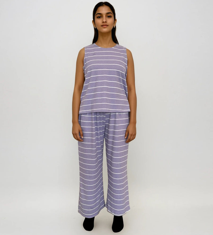Pijama de Algodón con pantalón, blusa y short Rayas Lavanda