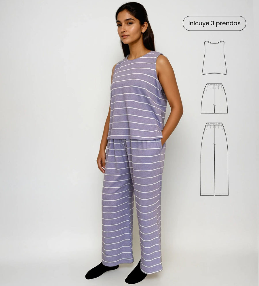 Pijama de Algodón con pantalón, blusa y short Rayas Lavanda