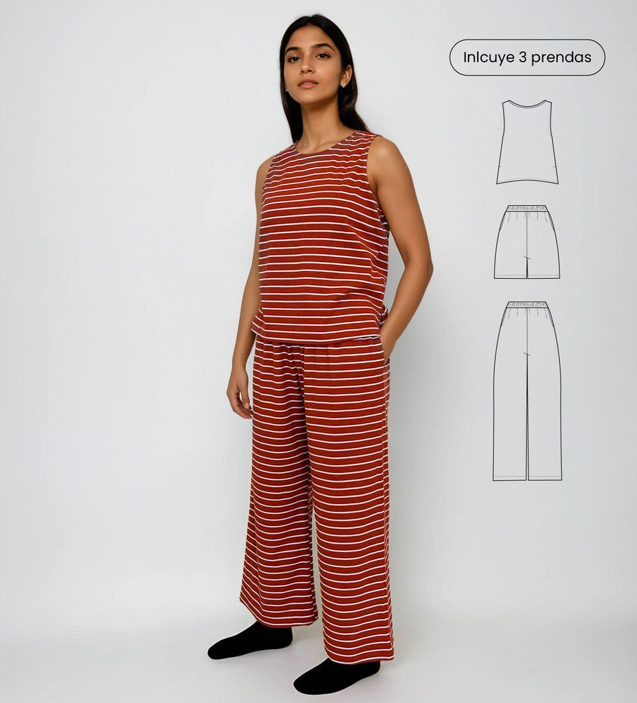 Pijama de Algodón con pantalón, blusa y short Rayas Naranja