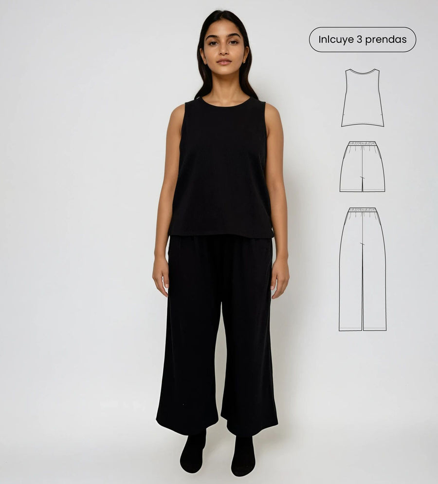 Pijama de Algodón con pantalón, blusa y short negra